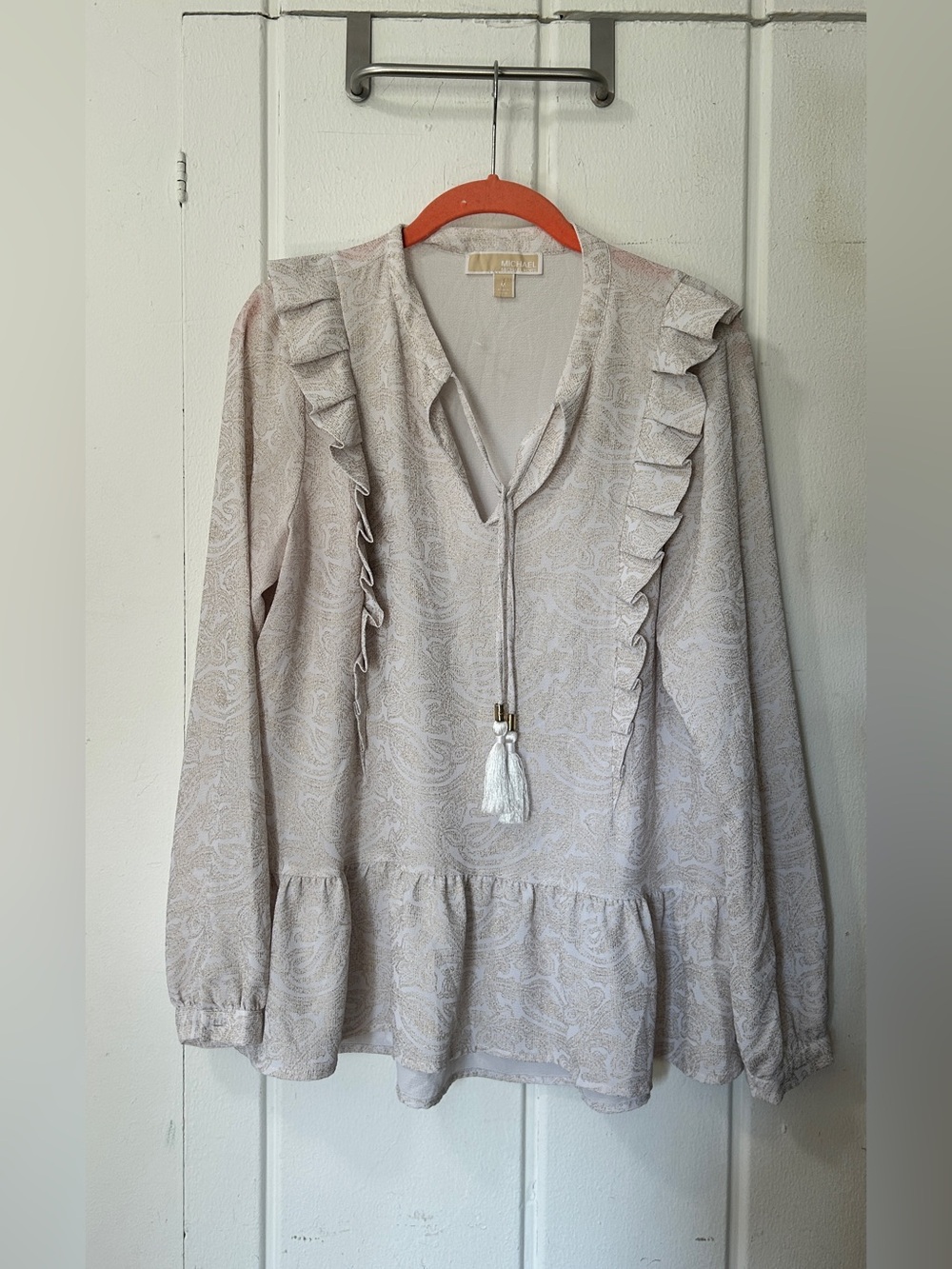 Michael Kors Cream Paisley Ruffle Tassel Peplum Blouse